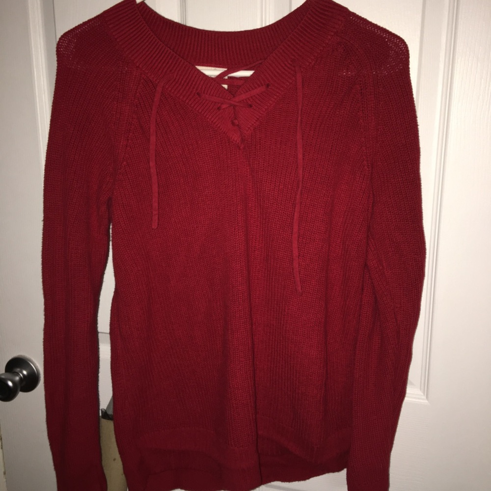 Dark red lace up sweater